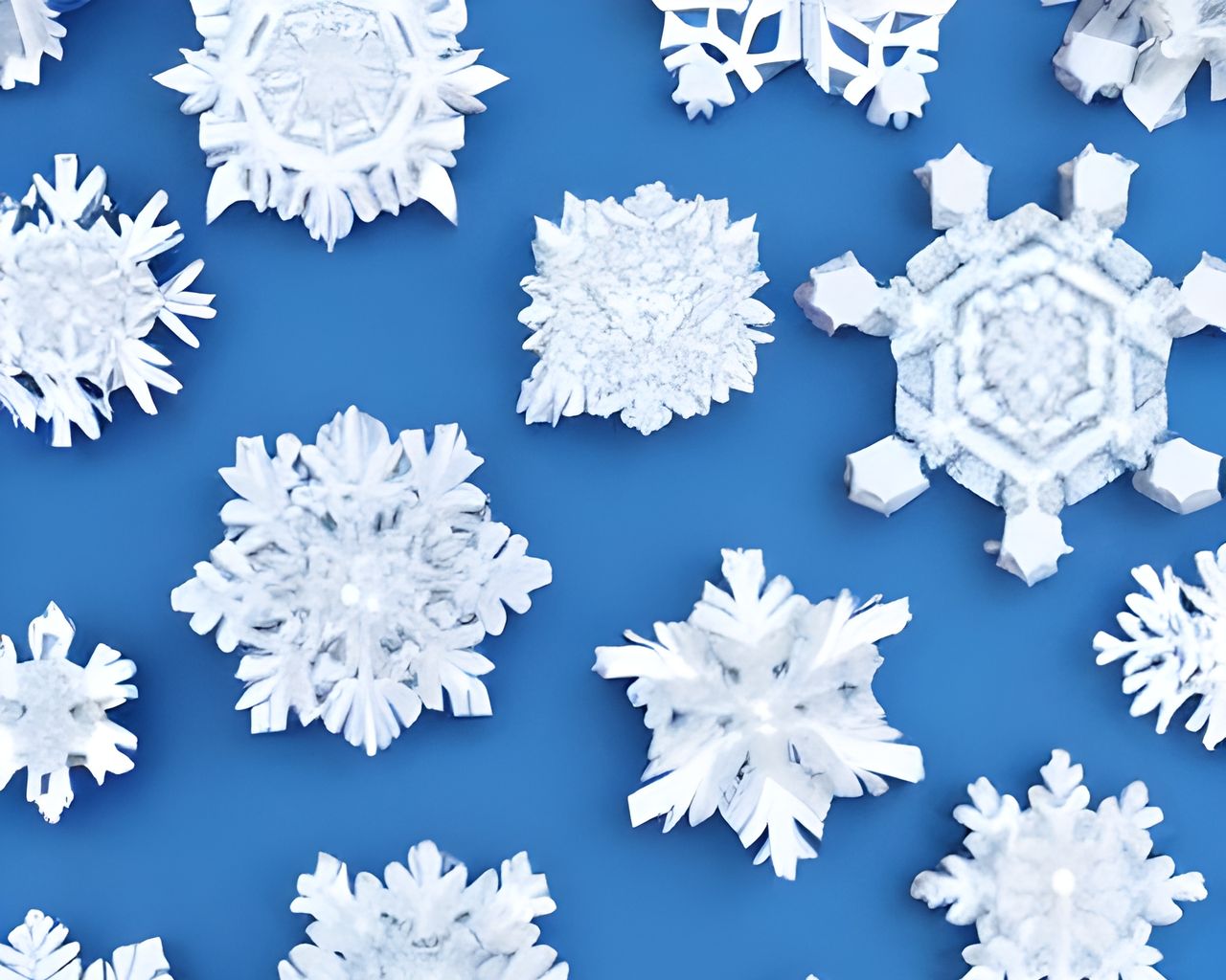 zoomed in artificial snowflakes, each unique