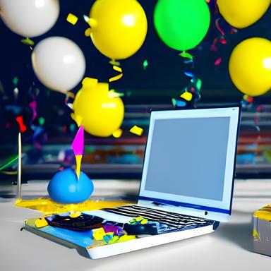 AI-generated image of balloons and a computer
