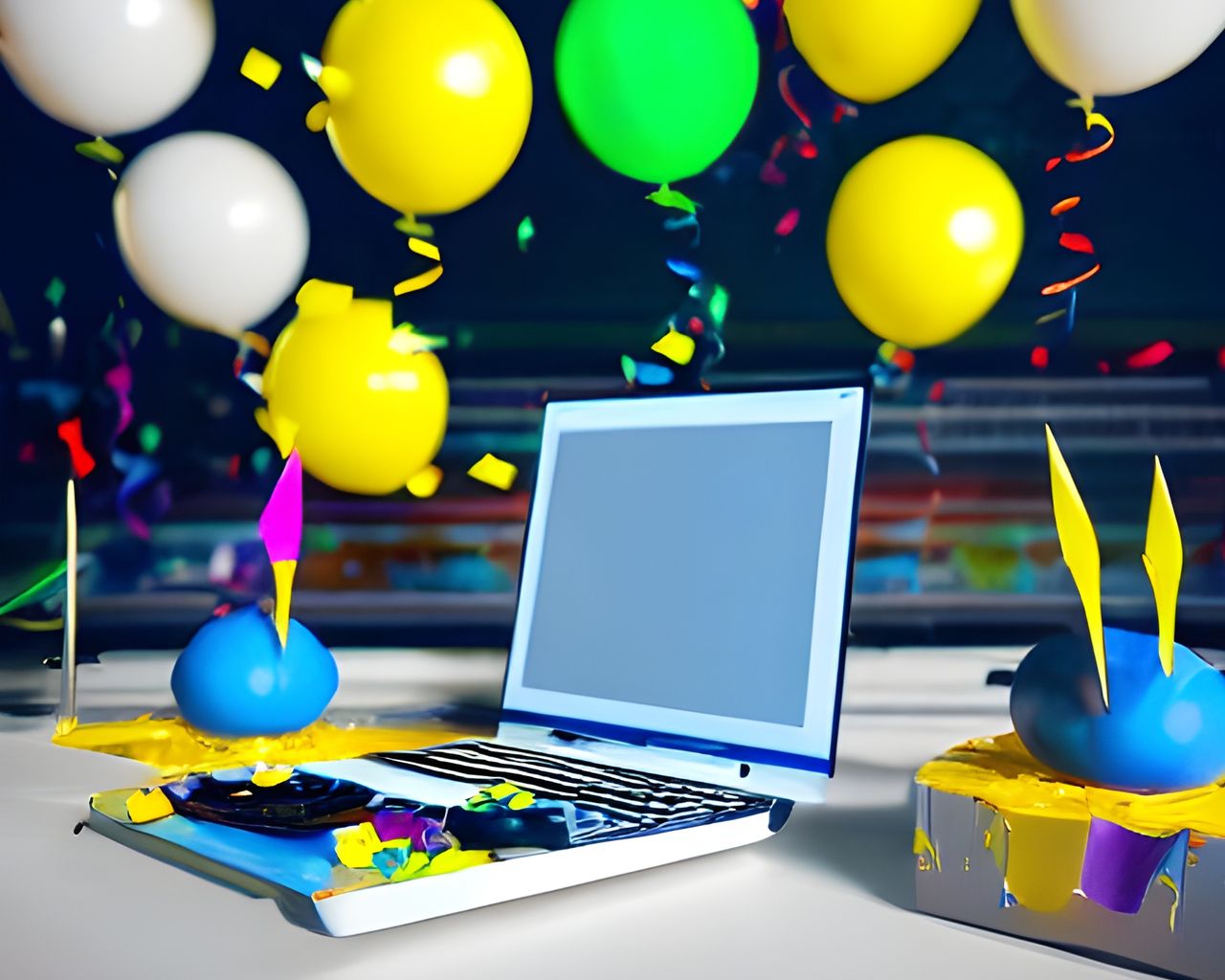AI-generated image of balloons and a computer